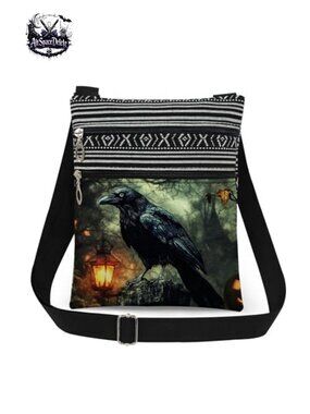Gothic Raven Crossbody Bag Polyester Adjustable Strap Double Zipper Purse